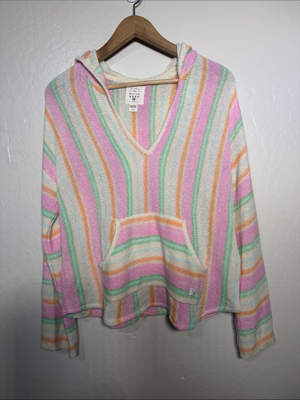 Billabong Pastel Striped Hoodie Sweater Knit Cozy Pull-Over Size L